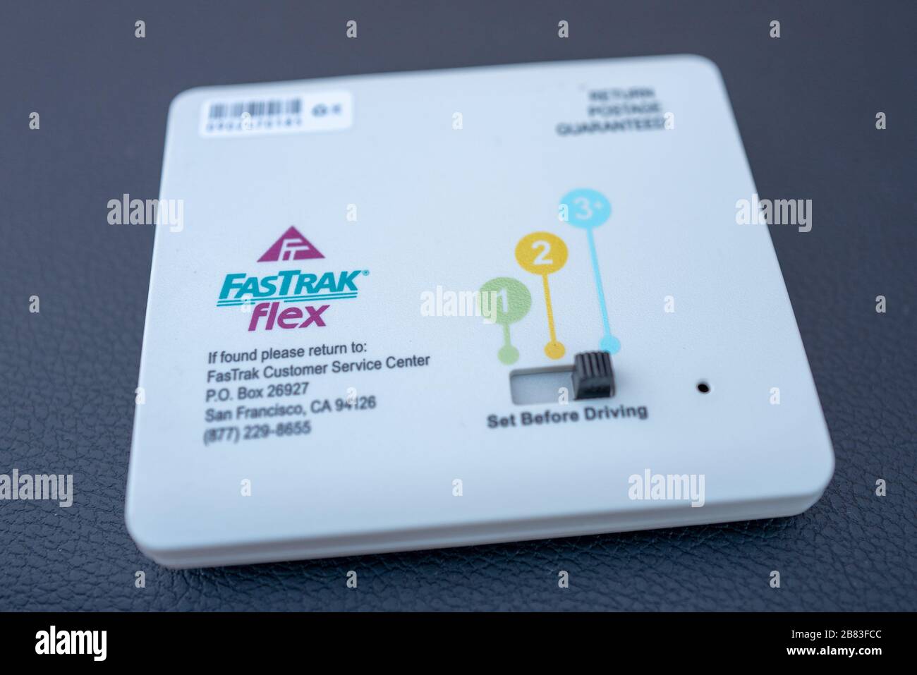 Close-up of FasTrak Flex toll transponder, used on California roads to pay for tolls, as well as to allow free travel in carpool lanes, Lafayette, California, February 7, 2020. () Stock Photo