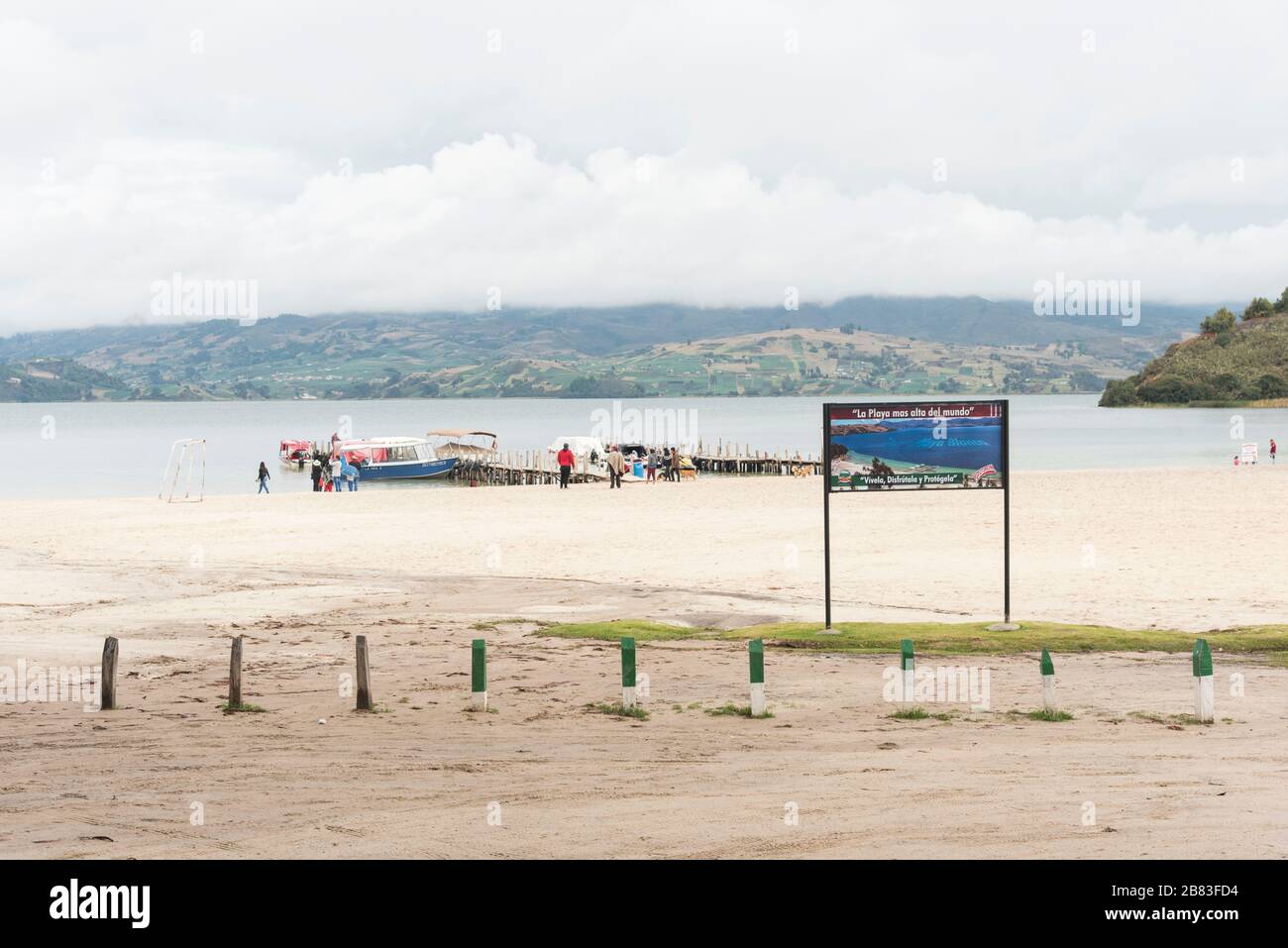 Lake Tota, Boyaca / Colombia: April 7, 2018: Informational sign on the shore of the largest lake in Colombia: Playa Blanca, the highest beach in the w Stock Photo