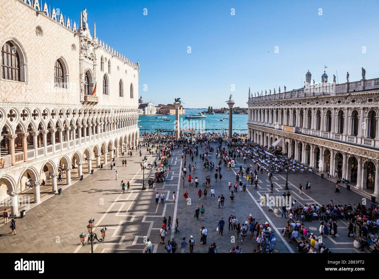 San Marcos Square and the Grand Canal, Venice Italy. Doges Palace is on the left. Stock Photo