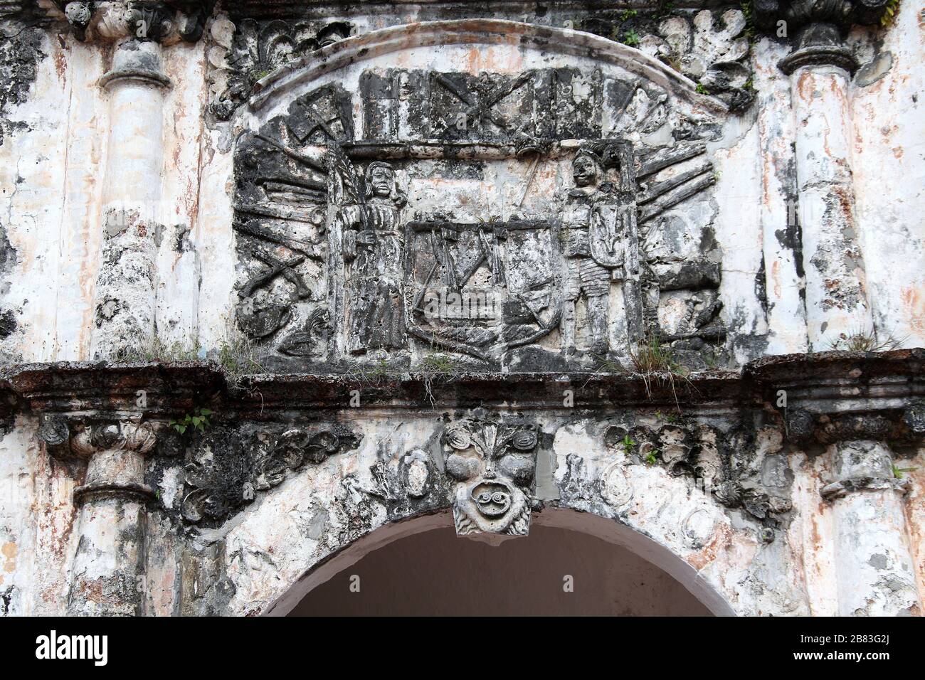 Architectural detail of the surviving gate of A Famosa fort in Melaka Stock Photo