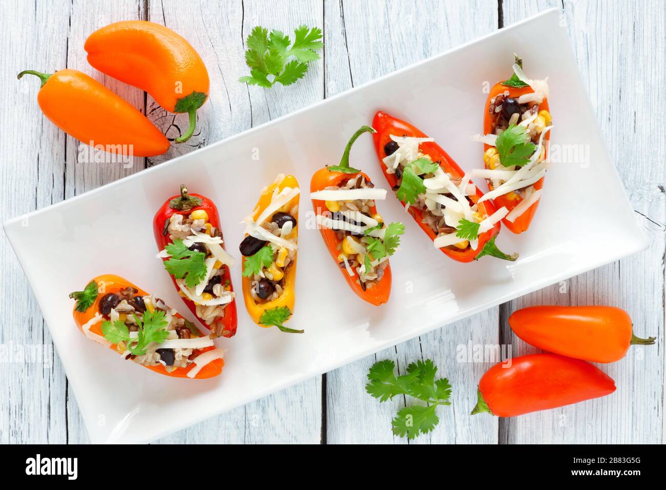 Stuffed mini peppers with wild rice, cheese, beans, corn and cilantro. Above view on a white plate and light background. Stock Photo