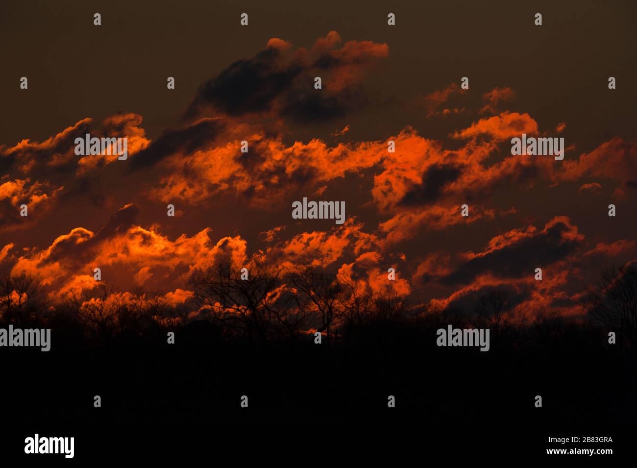 Dramatic dawn red-colored clouds at sun rise Stock Photo