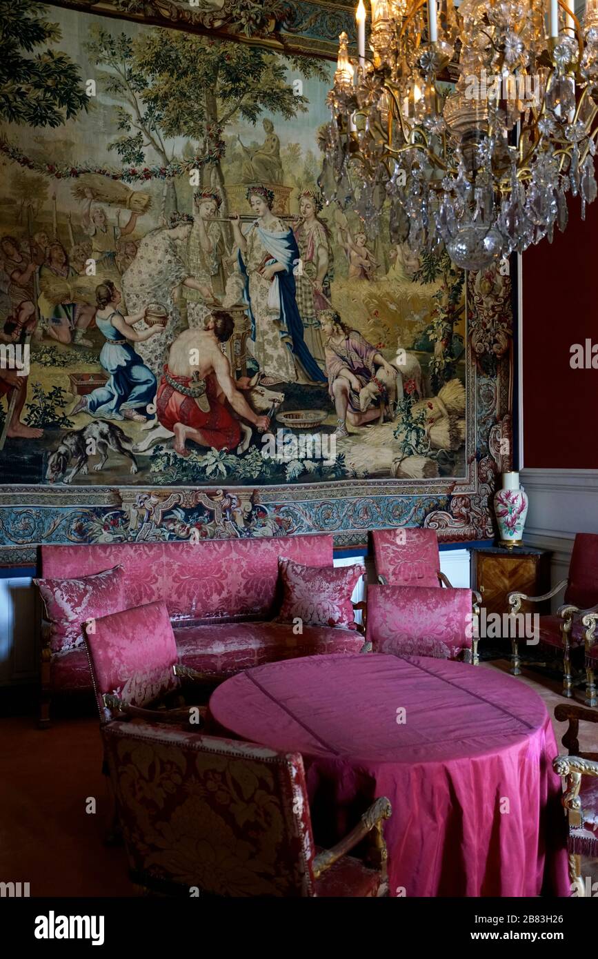 Officers' Lounge with tapestries from Saint Cloud Gallery produced at the Gobelins manufactory.Chateau de Fontainebleau.Fontainebleau.Seine-et-Marne.France Stock Photo
