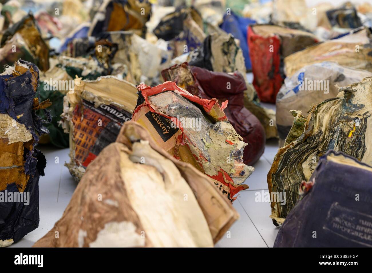 A display of crumpled old books as part of the exhibition by Matej Krén. Bratislava City Gallery. Stock Photo