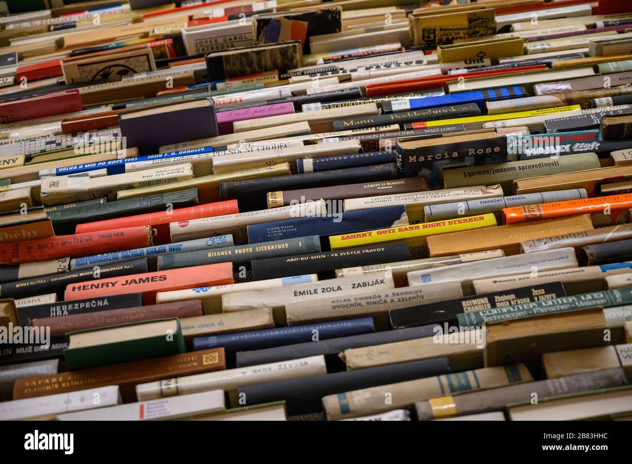 Bratislava, Slovakia. 2020/01/26. A display of stacks of old books as part of the exhibition by Matej Krén. Bratislava City Gallery. Stock Photo