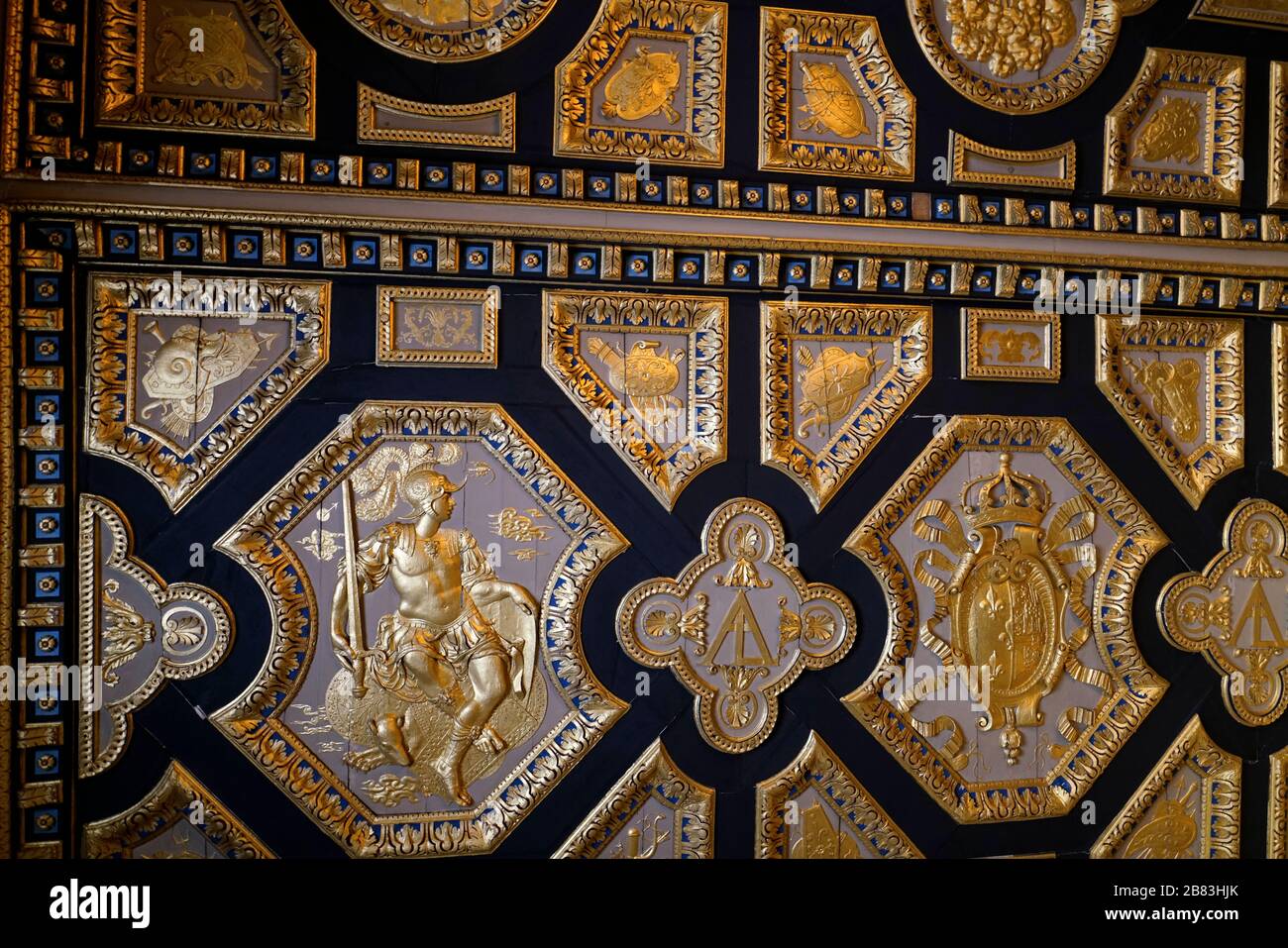 Exquisite wood carved ceiling of Reception room of Pope's Apartments.Chateau de Fontainebleau Palace.Seine-et-Marne.France Stock Photo