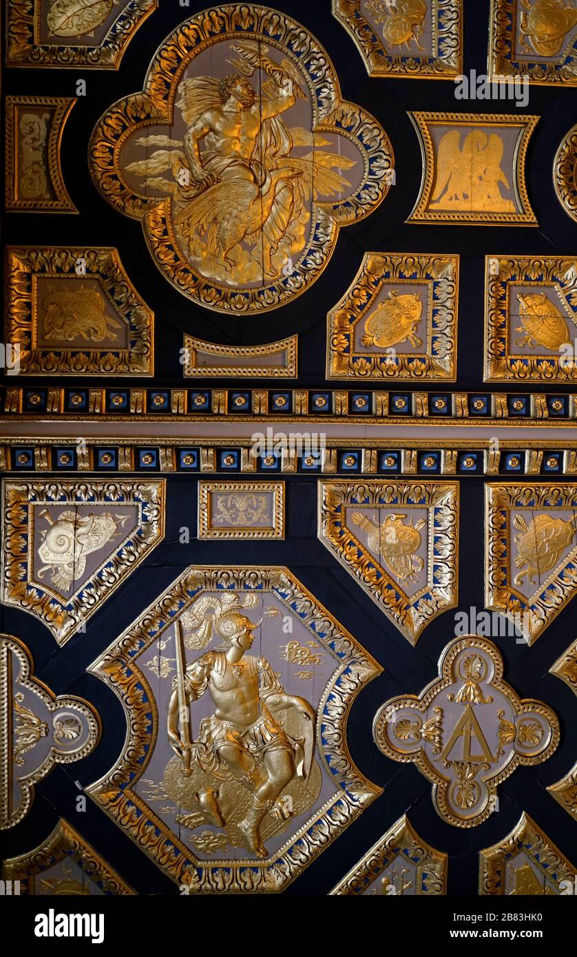 Exquisite wood carved ceiling of Reception room of Pope's Apartments.Chateau de Fontainebleau Palace.Seine-et-Marne.France Stock Photo