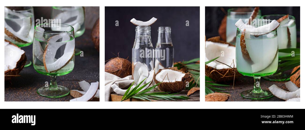 Assortment of coconut drinks. Food collage Stock Photo