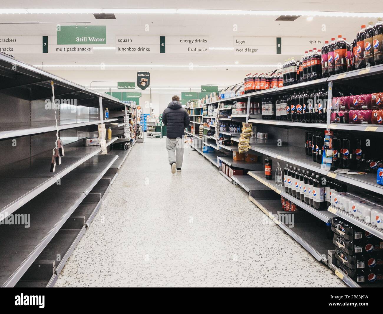 Empty shelves in still water aisle of Morrisons supermarket in Palmers