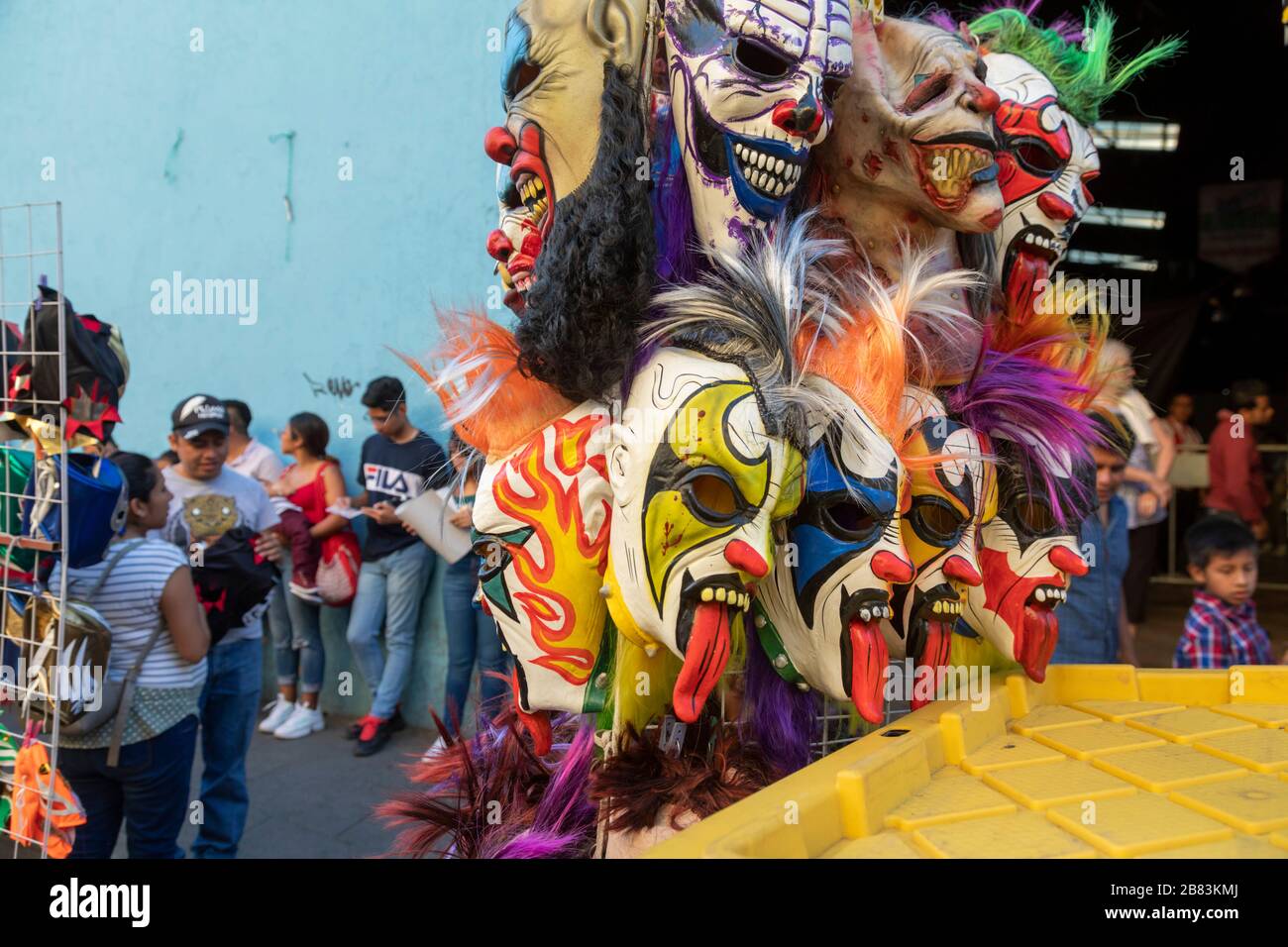 Oaxaca de Juárez, Oaxaca, Mexico - Lucha Libre masks on sale before a match. Stock Photo