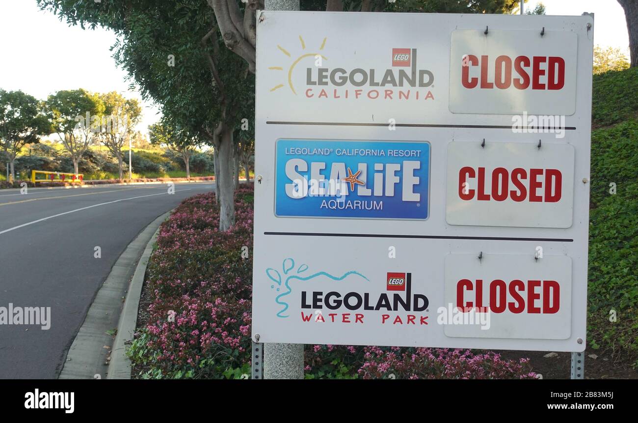 A sign at the closed down Legoland park. All California amusement parks and other attractions have been closed down due to the coronavirus epidemic. Stock Photo