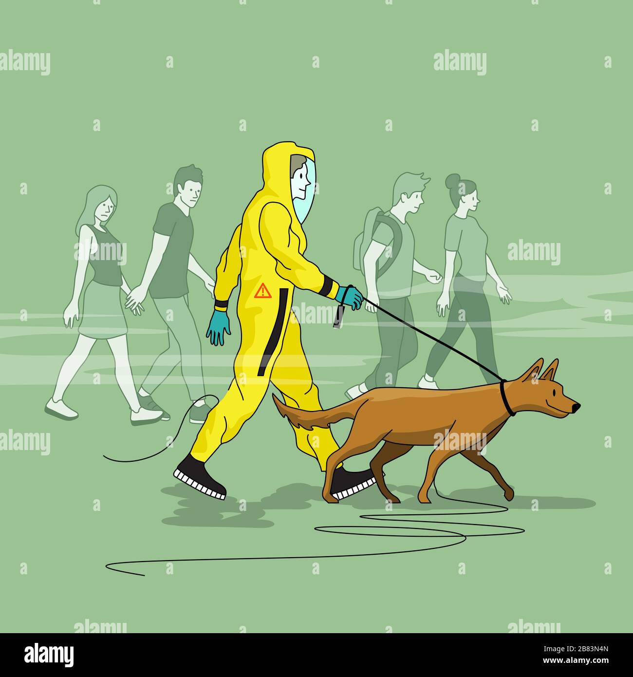 A man talking his dog for a walk in the park wearing a HAZMAT suit with odd looks from onlookers. People vector illustration Stock Vector