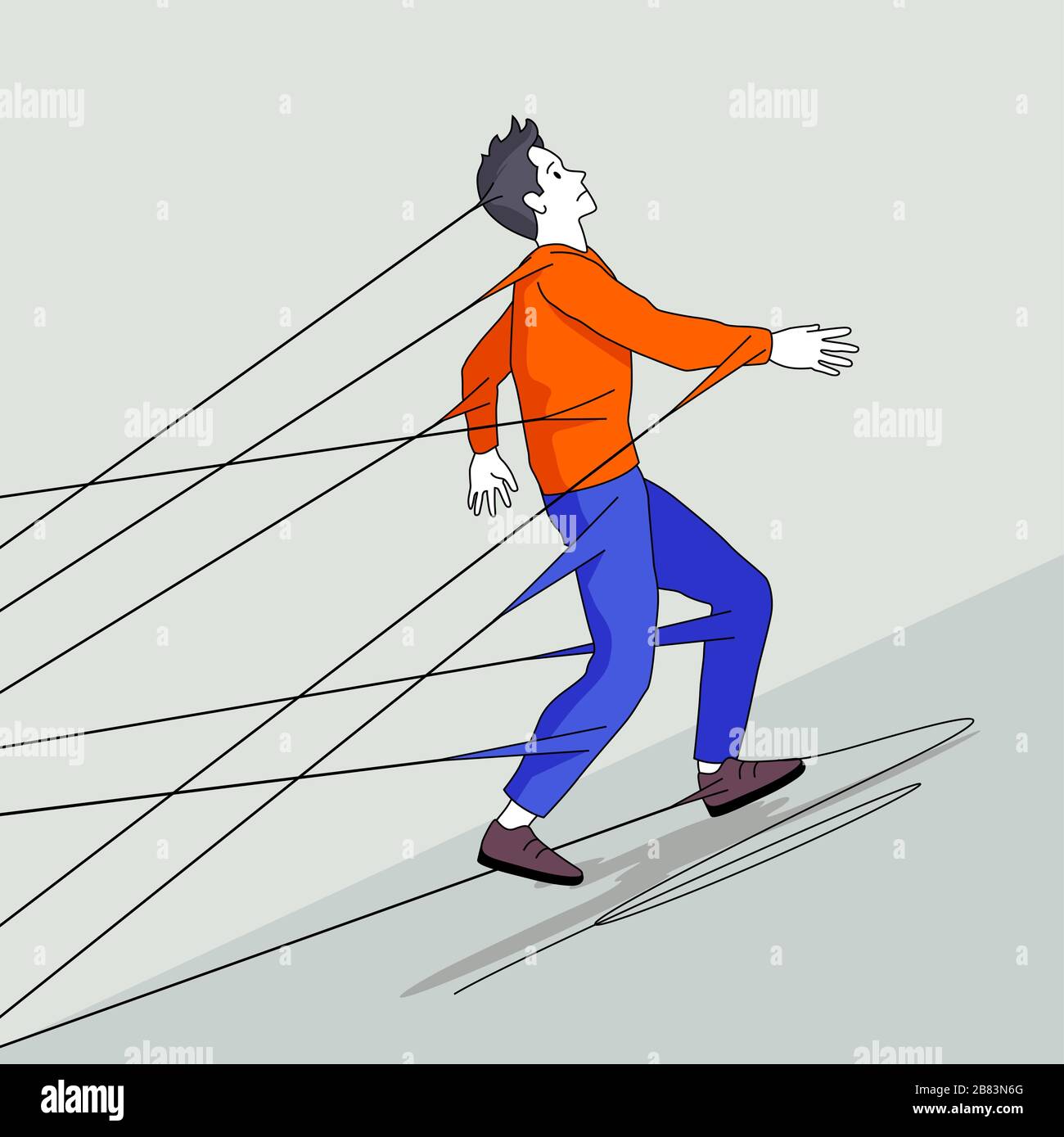 A man trying to walk away but being held back by strings attached to him. People vector illustration concept. Stock Vector