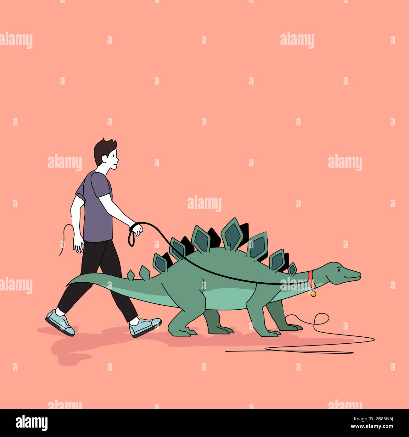 A man taking his pet Stegosaurus dinosaur outside in the park for a walk. People concept vector illustration Stock Vector