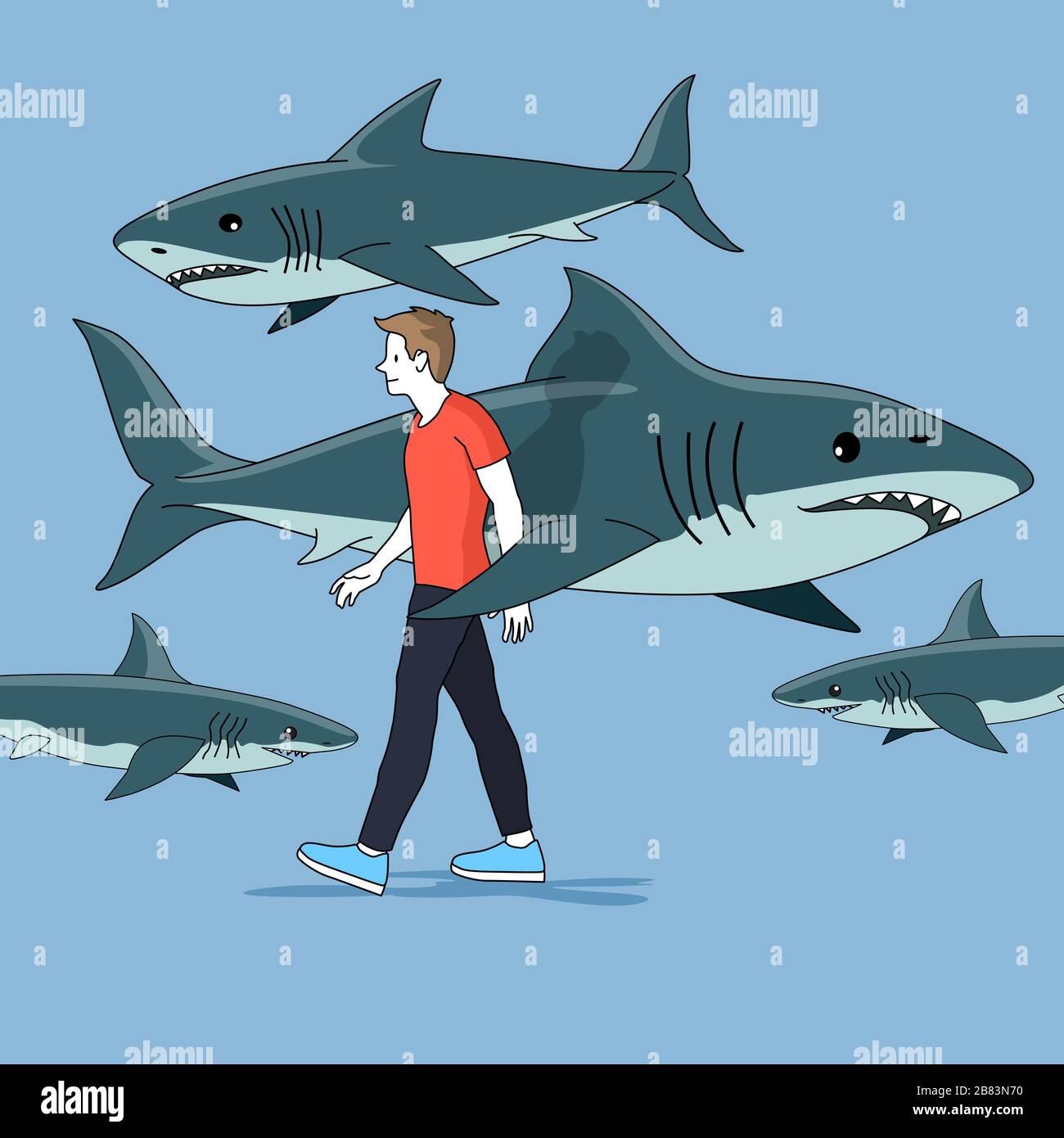 A man walking along the street surrounded by sharks. People vector concept illustration. Stock Vector
