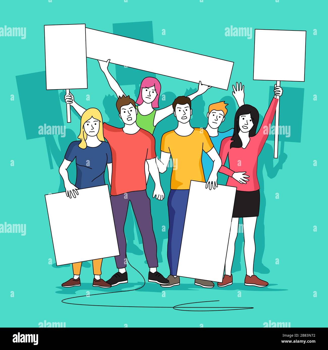 A group of protestors holing up blank signs and banners. People vector illustration. Stock Vector
