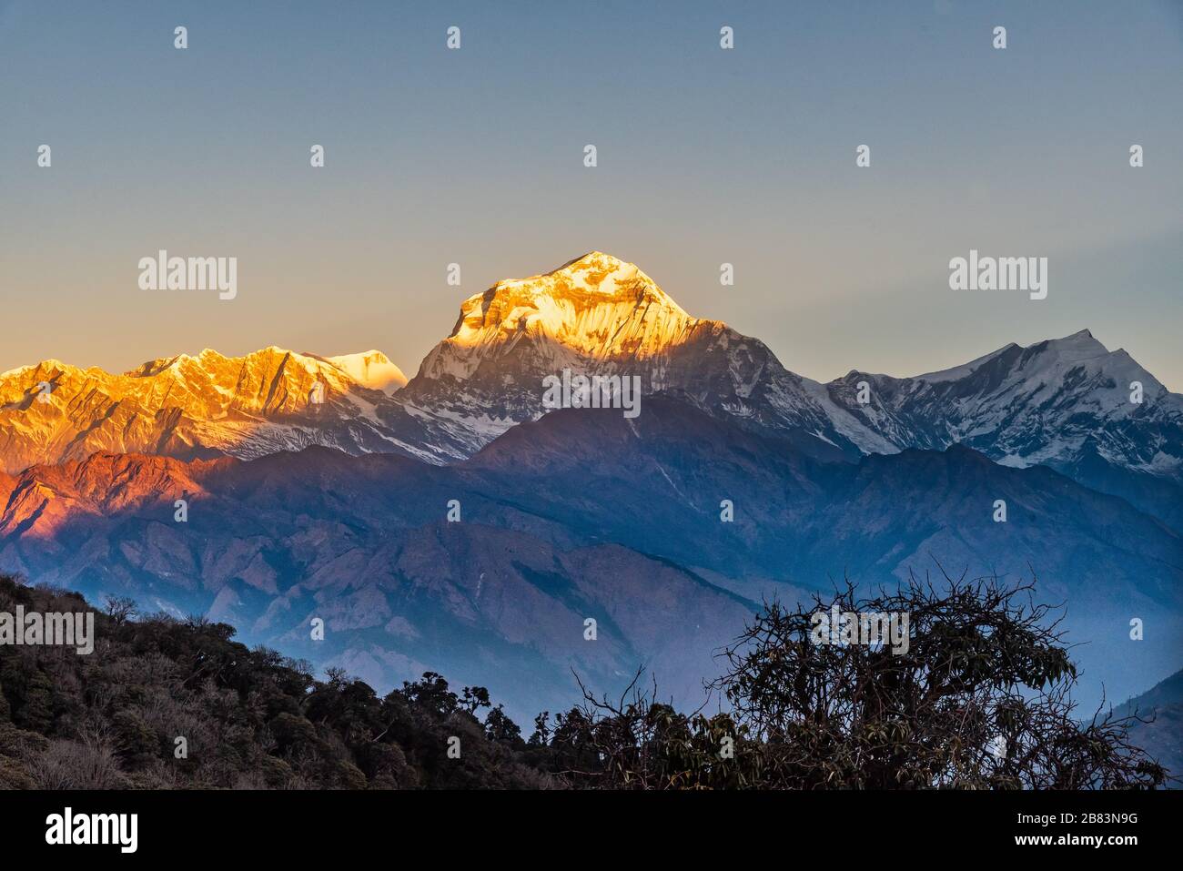 Majestic view of Dhaulagiri mountain range seven highest Pokhara Nepal Stock Photo