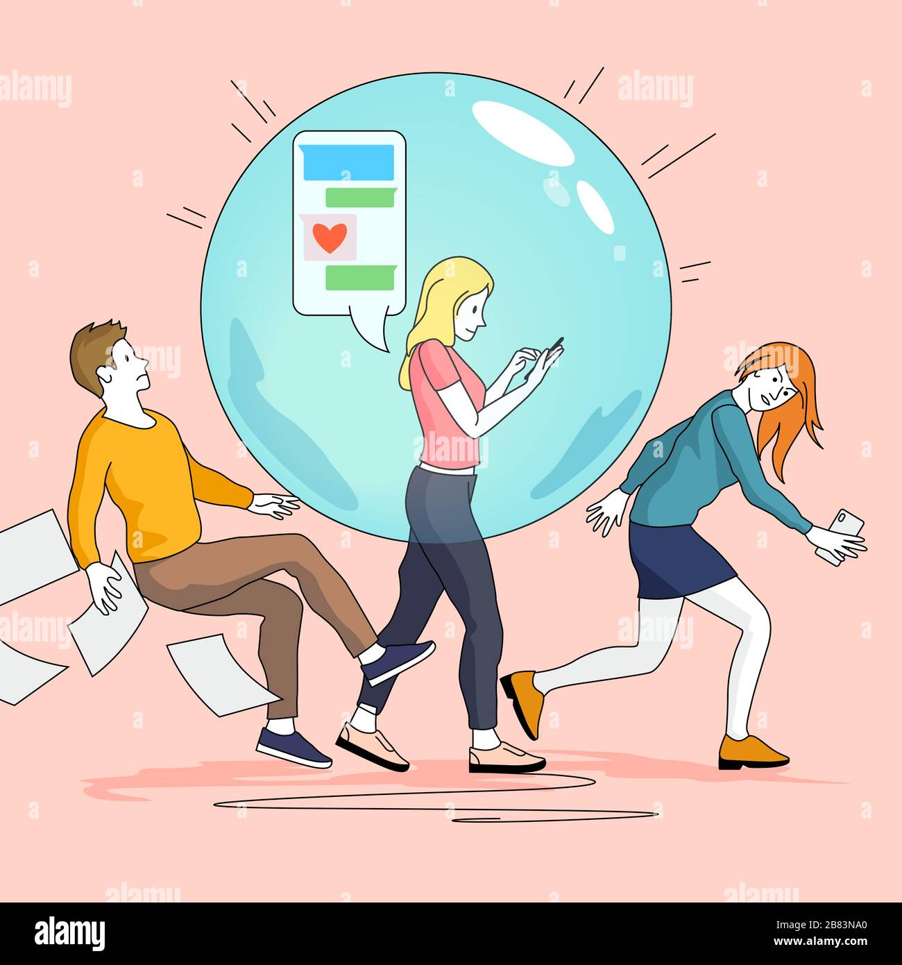 A young womens social bubble pushing and knocking other people out of the way. People concept vector illustration. Stock Vector