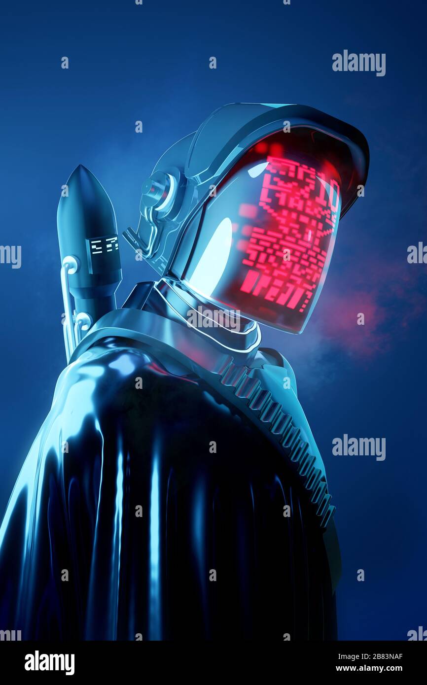 Strange Human model in a futuristic space outfit. Technology and people 3D illustration. Stock Photo