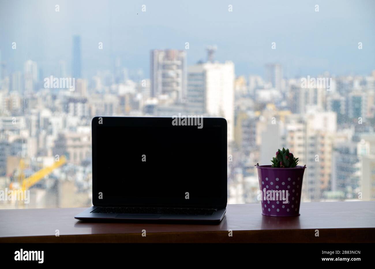 Laptop and cactus plant in a pot at table or office desk on the 21st floor with a beautiful view