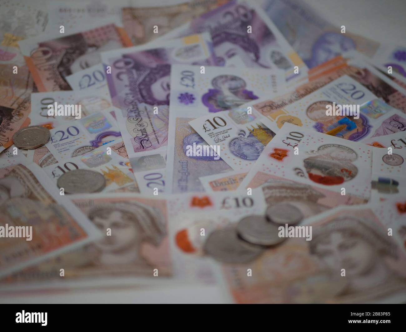Pound Sterling polymer banknotes, United Kingdom Currency Stock Photo