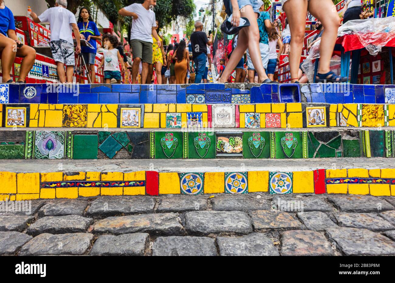 Colourful tiled steps at Escadaria Selaron (Selaron Steps) created by artist Jorge Selaron decorated with typical tiling, Rio de Janeiro, Brazil Stock Photo
