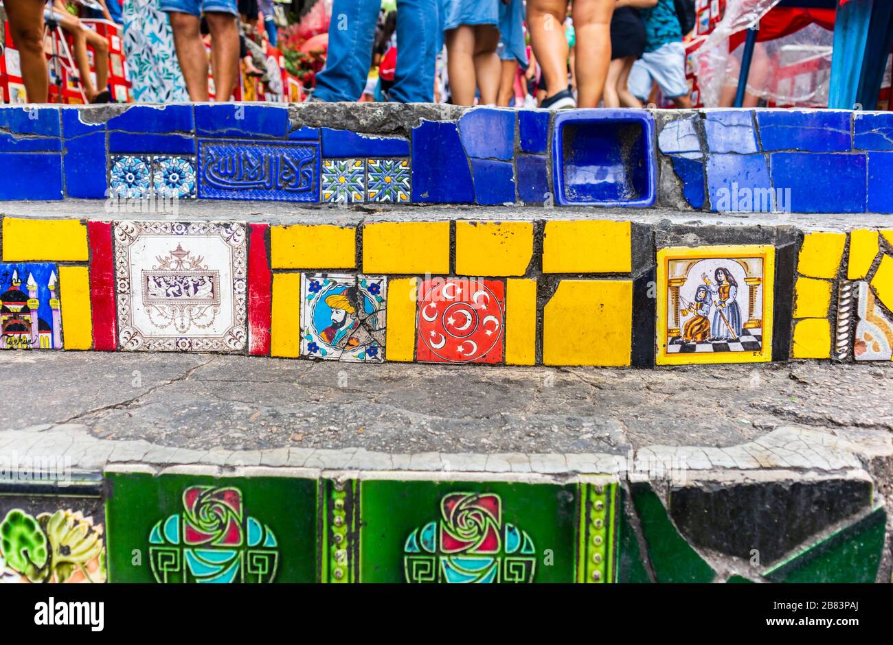 Colourful tiled steps at Escadaria Selaron (Selaron Steps) created by artist Jorge Selaron decorated with typical tiling, Rio de Janeiro, Brazil Stock Photo