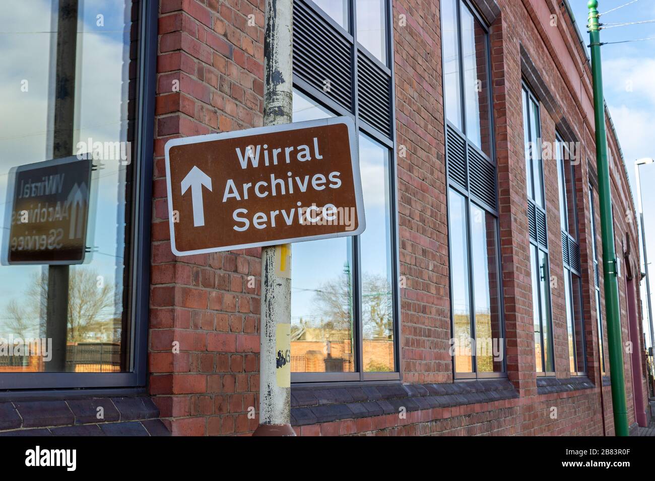 Wirral Archives Service sign, official archive of UK government, Shore Road, Birkenhead Stock Photo