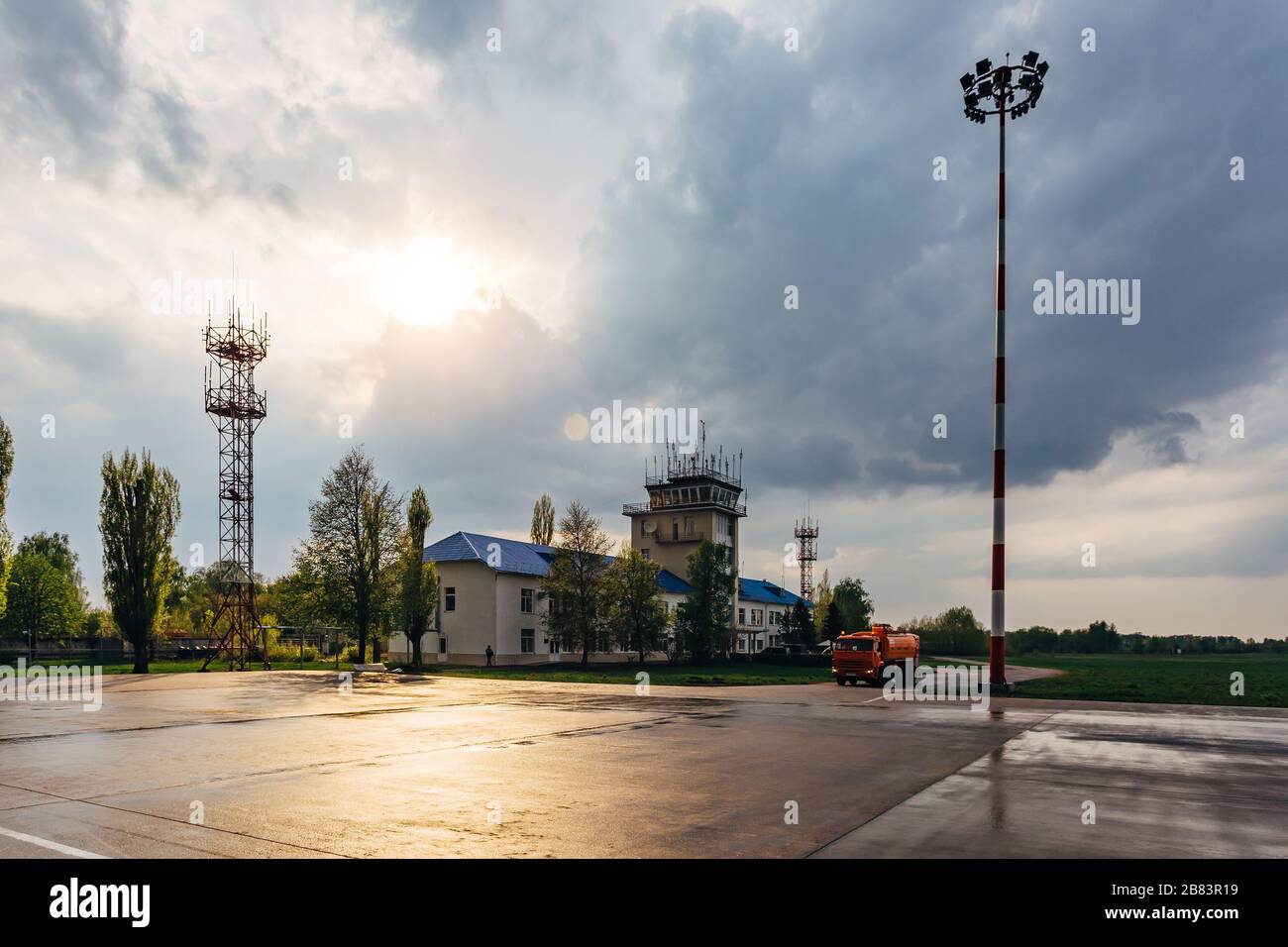 Small traffic control tower in provincial airport Stock Photo