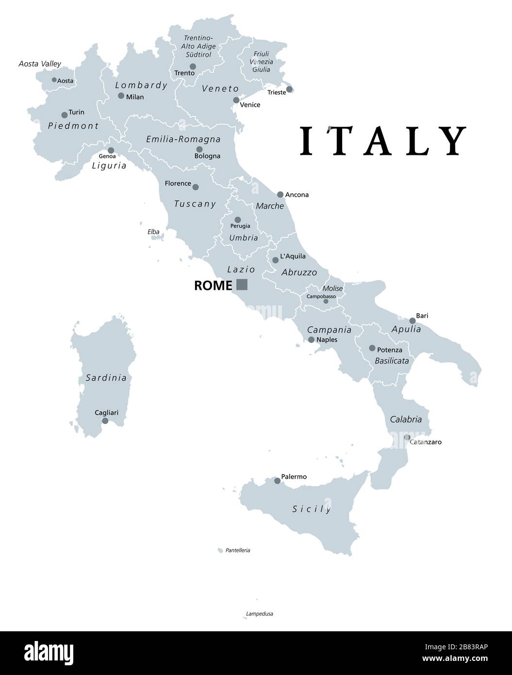 Italy, gray political map with administrative divisions. Italian Republic with capital Rome, 20 regions, their borders and capitals. English labeling. Stock Photo
