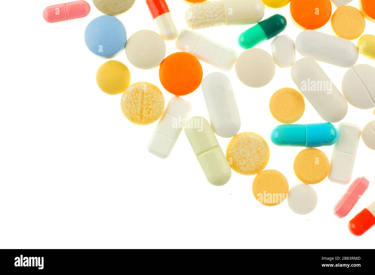 Corner border of assorted medications isolated on white Stock Photo