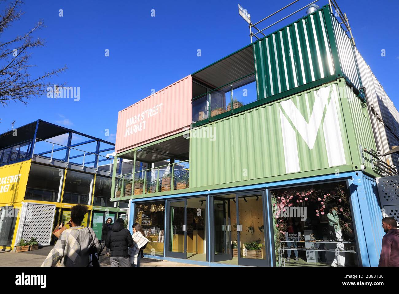 Buck Street Market, Camden's new trendy recycled shipping-container market, in north London, UK Stock Photo