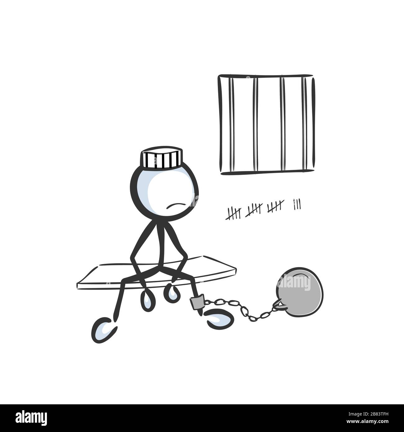 Man in a prison cell. Arrested criminal convict. Sitting in jail. Hand drawn. Stickman cartoon. Doodle sketch, Vector graphic illustration Stock Vector