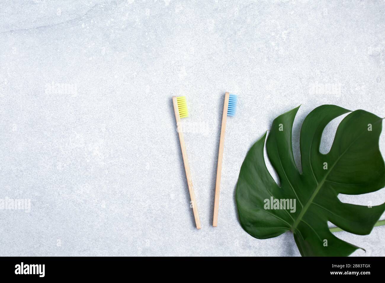 Bamboo toothbrushes and green leafs on stone table Stock Photo