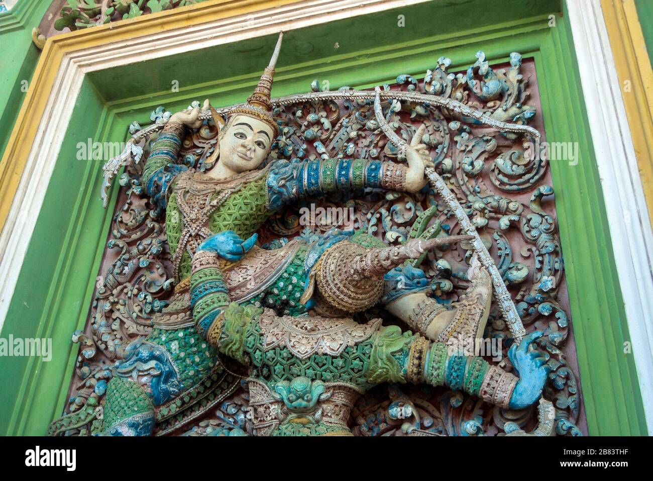 Battambang, Cambodia, Asia: bas-reliefs and sculptures on the walls of the pagoda of the temple Wat Tahm-rai-saw Stock Photo