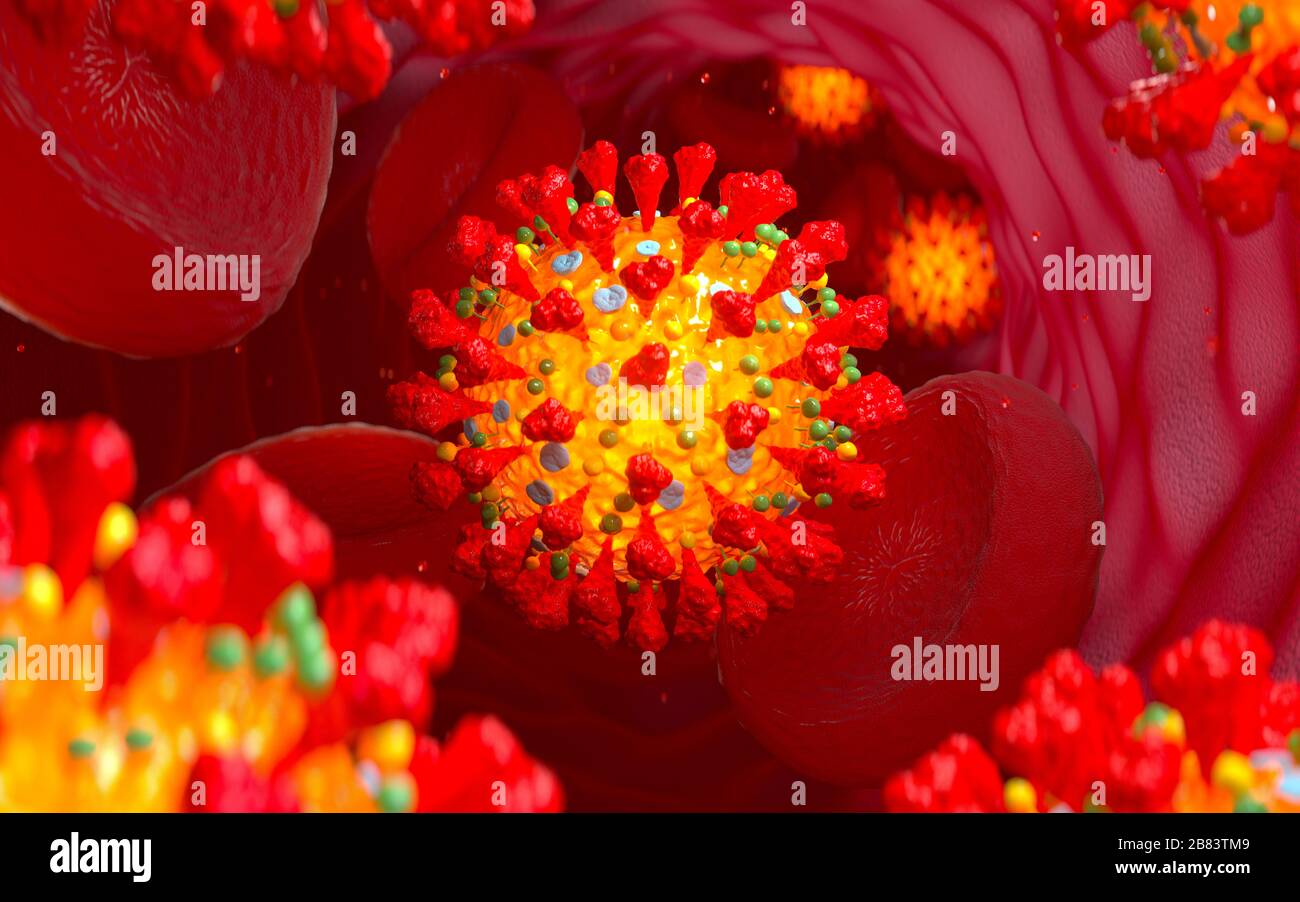 Coronavirus COVID-19 in bloodstream inside veins. 2019-nCov disease infection 3D medical illustration. Chinese coronavirus COVID-19 under the microscope. 3d render. Stock Photo