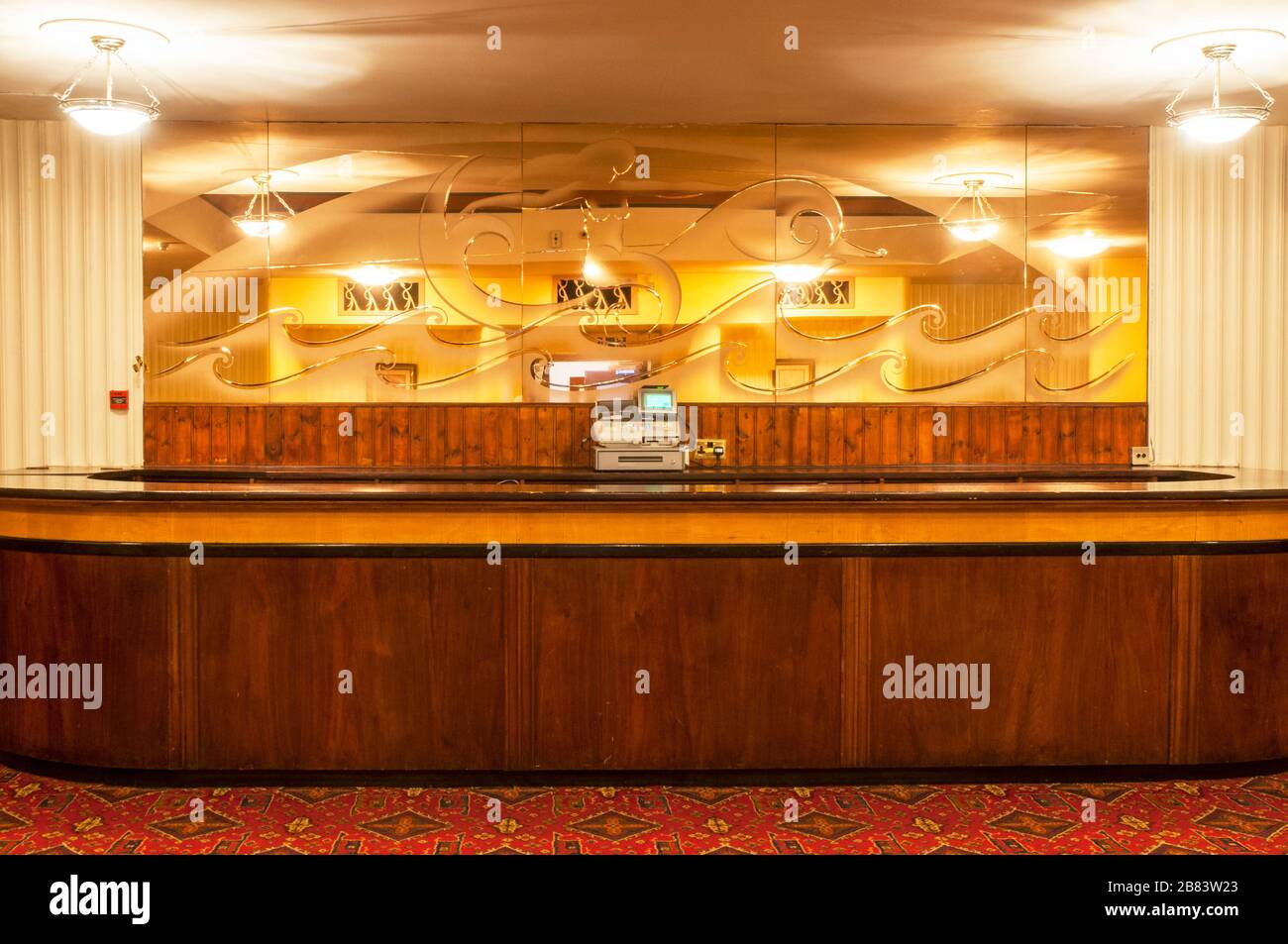 Art Deco Circle Bar with Art Deco mirror in the Opera House in the Blackpool Winter Gardens entertainment complex. Stock Photo