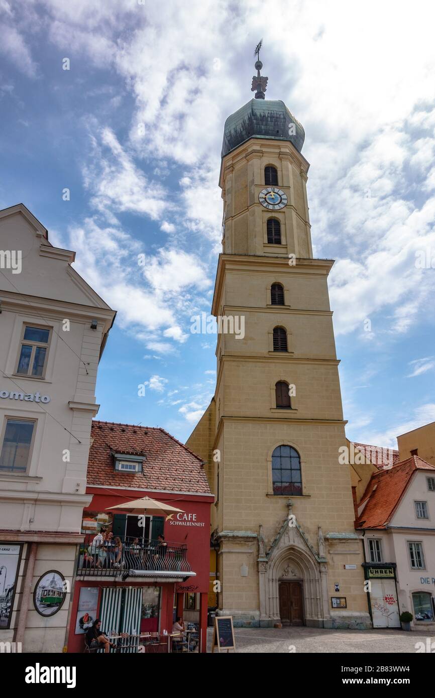 The bell tower of the Franciscan Church in Graz, Austria Stock Photo ...