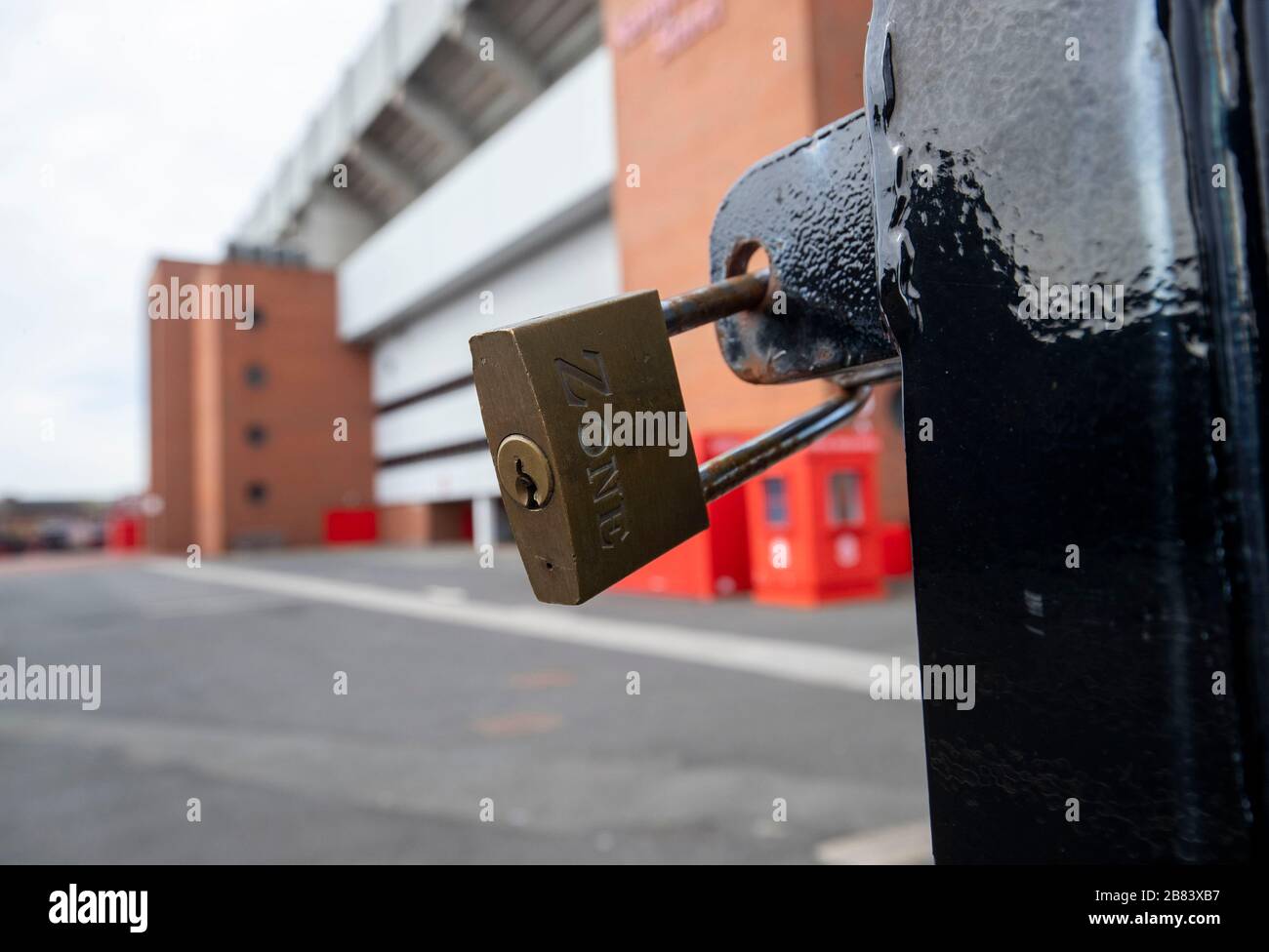 A general view of the closed gates at Anfield, home of Liverpool Football Club, after it was announced that Professional football in England will not Stock Photo