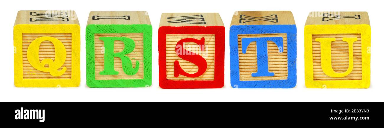 Q R S T U wooden toy letter blocks isolated on white Stock Photo