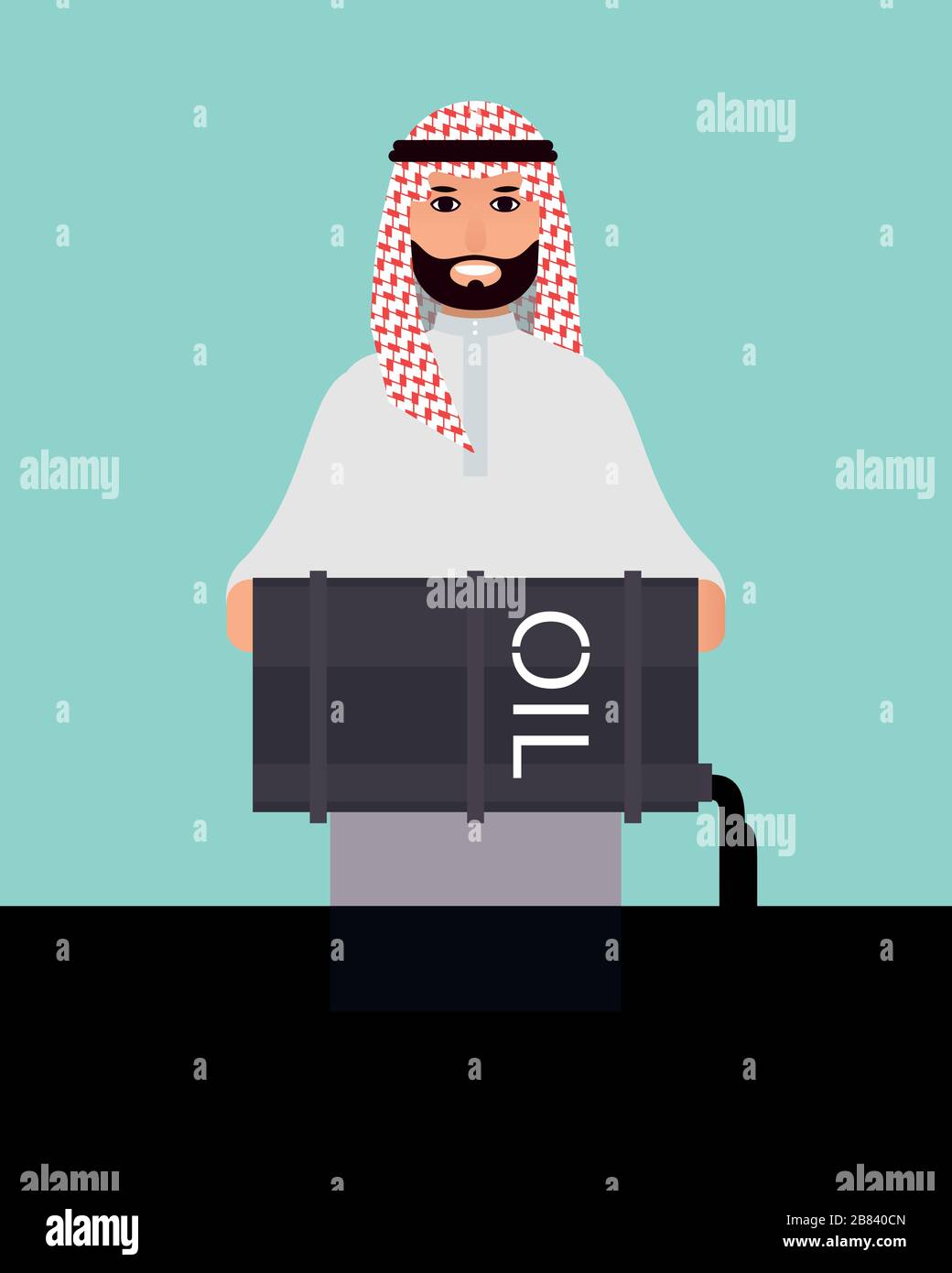 businessman prince arab dumps oil, holds a barrel of oil, pours. United Arab Emirates. cartoon flat design. Stock Vector