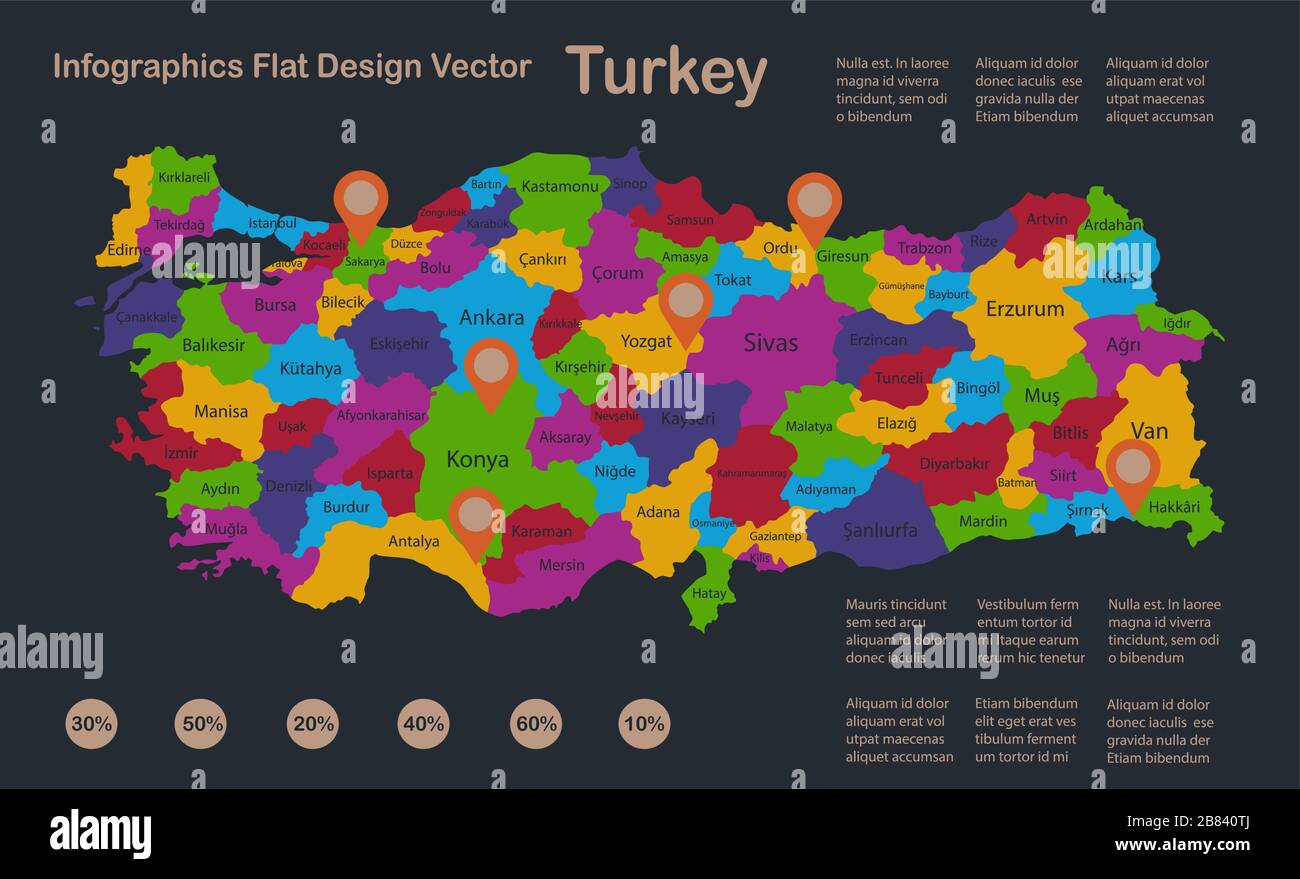 Infographics Turkey map, flat design colors, with names of individual ...