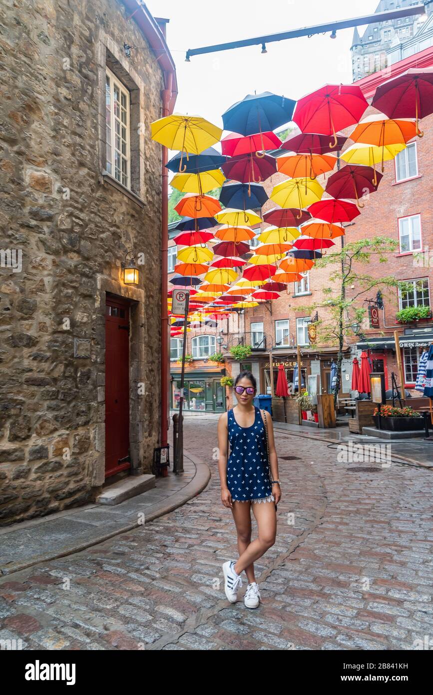 Quebec, Canada Sept 3, 2018:Umbrellas Petit Champlain Street in Quebec City Quebec QC Canada Stock Photo