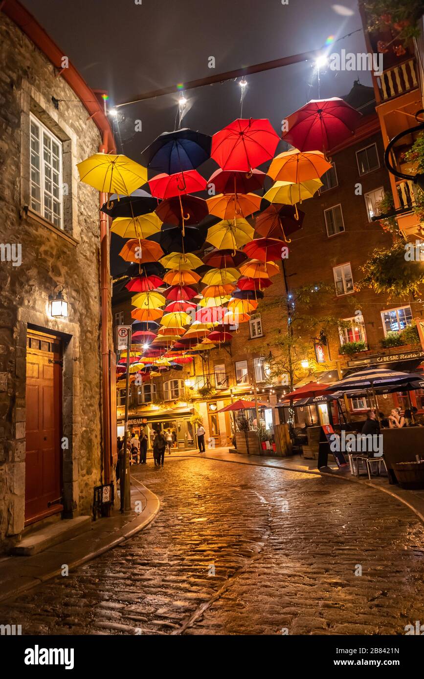 Quebec, Canada Sept 3, 2018:Umbrellas Petit Champlain Street in Quebec City Quebec QC Canada Stock Photo