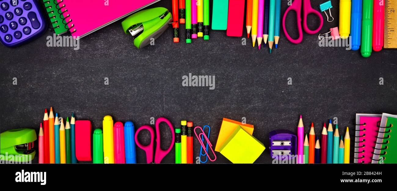 School supplies double border banner. Overhead view on a chalkboard background with copy space. Back to school concept. Stock Photo