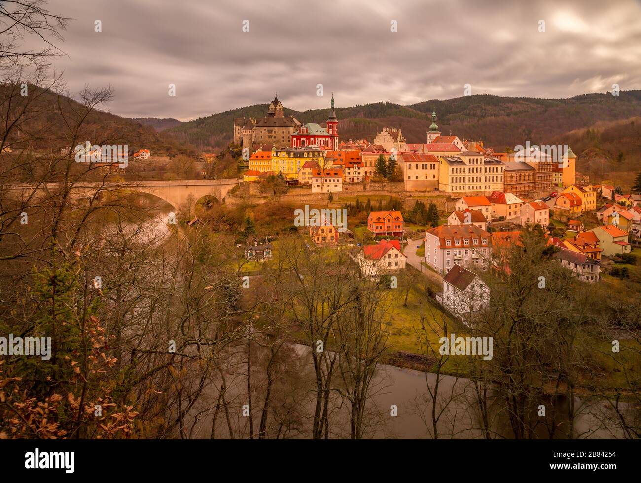 View on Loket town with medieval royal castle near Karlovy Vary Resort in Czechia Stock Photo