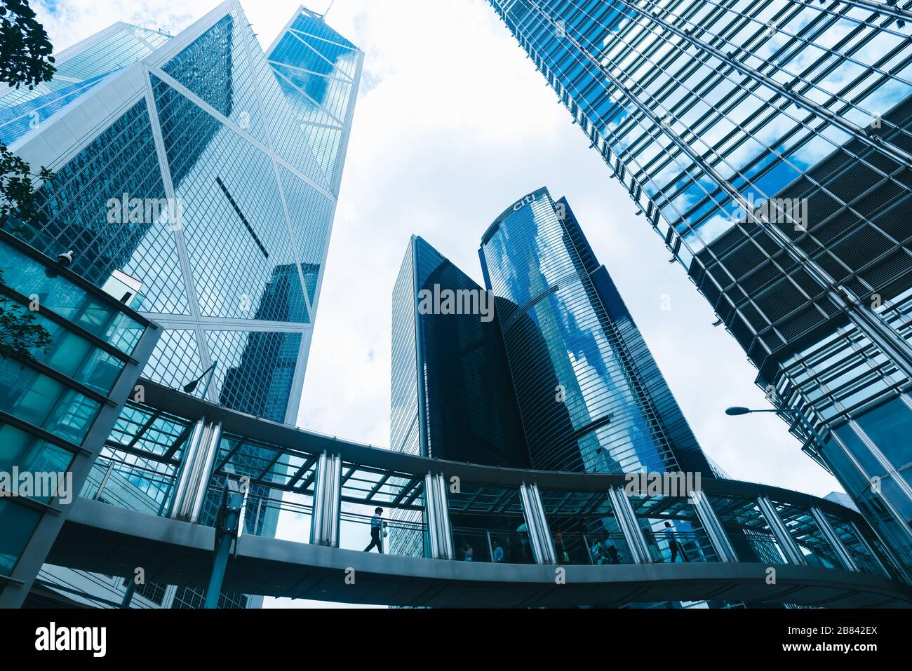 skyscraper building in Hong Kong, city view in blue filter Stock Photo ...