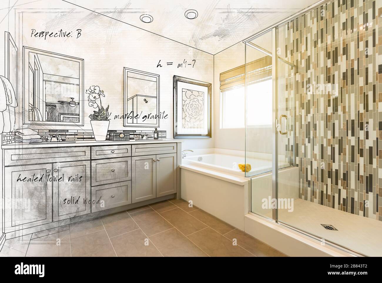 Custom Master Bathroom Design Drawing Gradating to Finished Photograph. Stock Photo