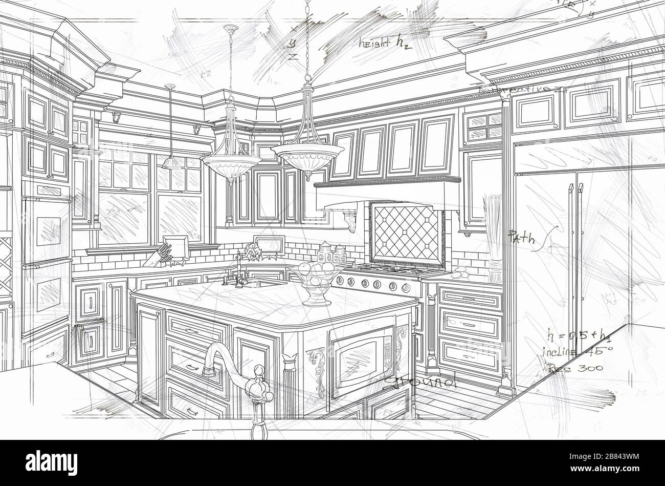 Beautiful Custom Kitchen Design Line Drawing Details Stock Photo - Alamy
