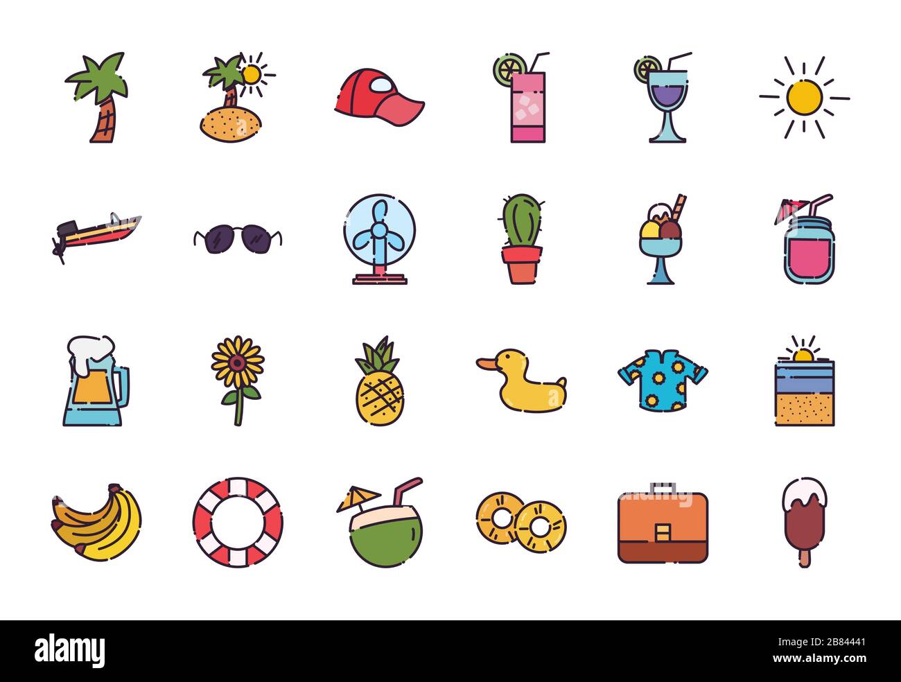 fill style icon set design, Summer vacation tropical relaxation outdoor ...